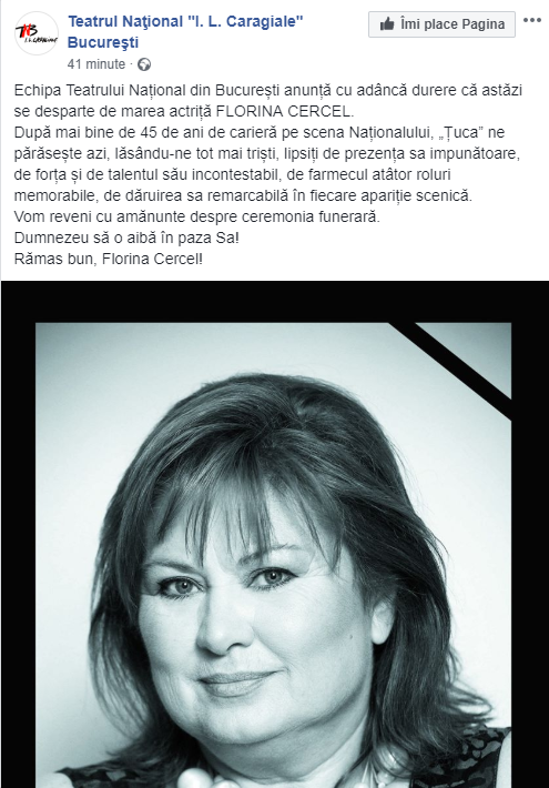 A murit actrița Florina Cercel. Avea 76 de ani și o carieră în care a jucat în peste 100 de roluri