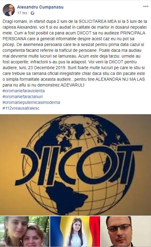 Postarea lui Alexandru Cumpănașu de pe Facebook. 