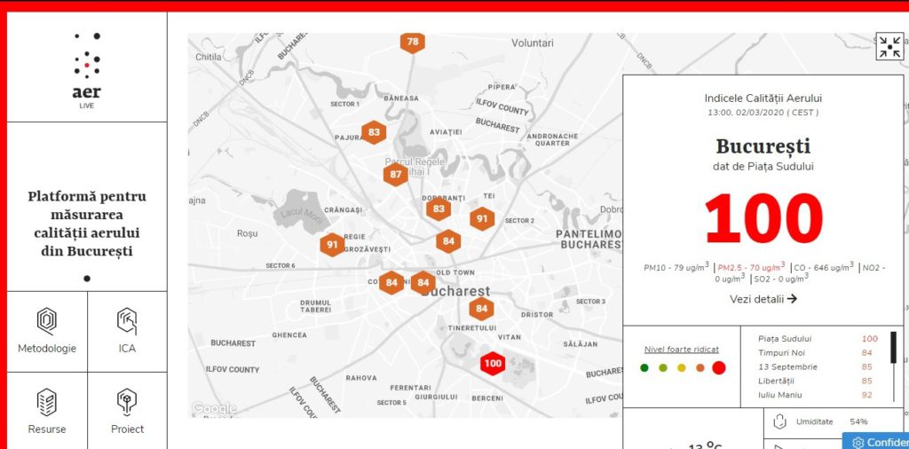 Gradul de poluare din Capitală. Foto: captură airlive.ro