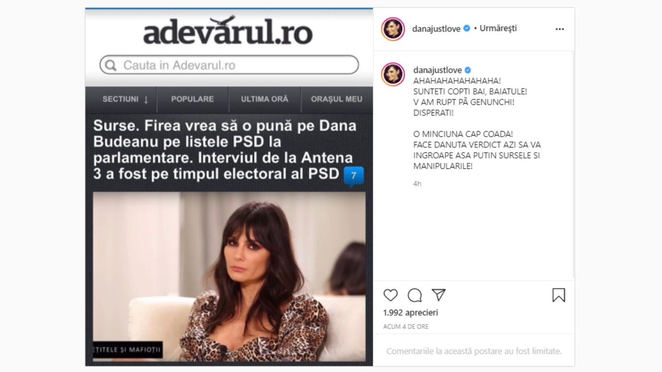Reacția Danei Budeanu, pe contul său de Instagram