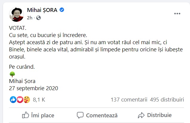 Alegeri locale 2020. Mesajul pe care l-a transmis Mihai Sora, în vârstă de 103 de ani, în ziua votului