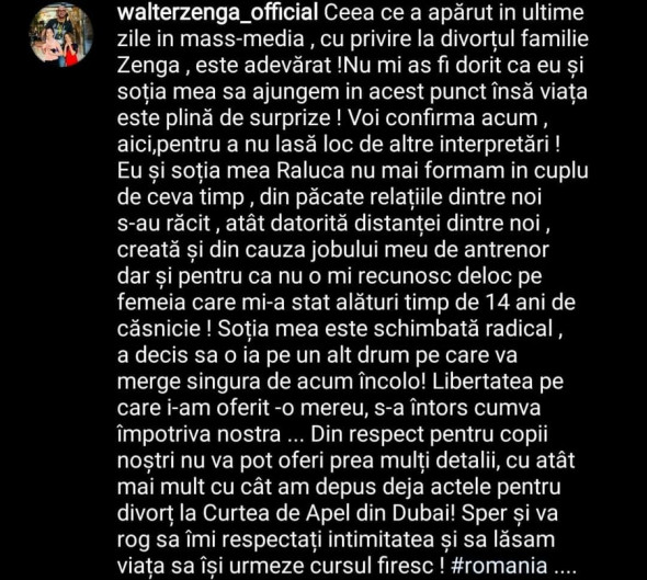 Ce mesaj a transmis Zenga fanilor despre divort