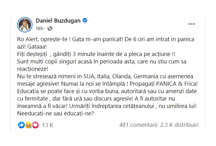 Daniel Buzdugan, reacție acidă după mesajele Ro-Alert: 