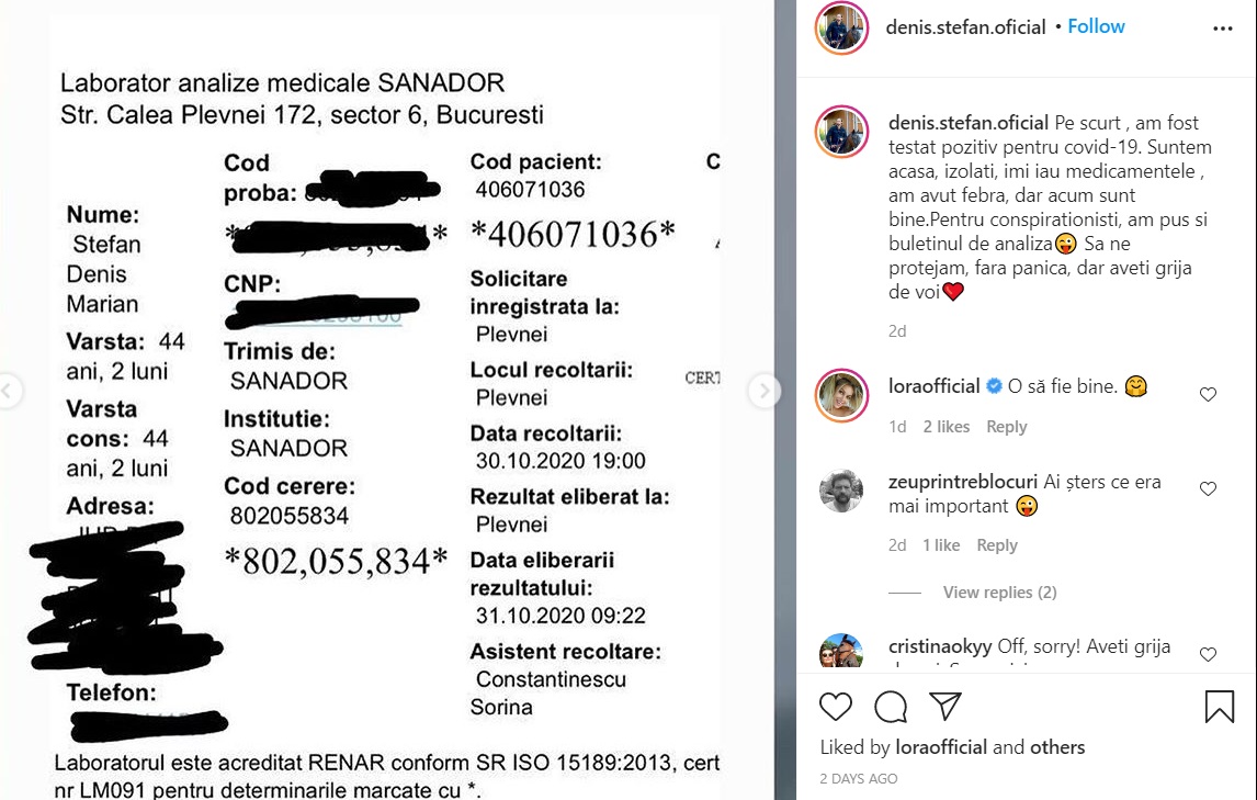Actorul Denis Stefan a postat dovada conform careia a fost infectat cu noul coronavirus - buletinul de analize