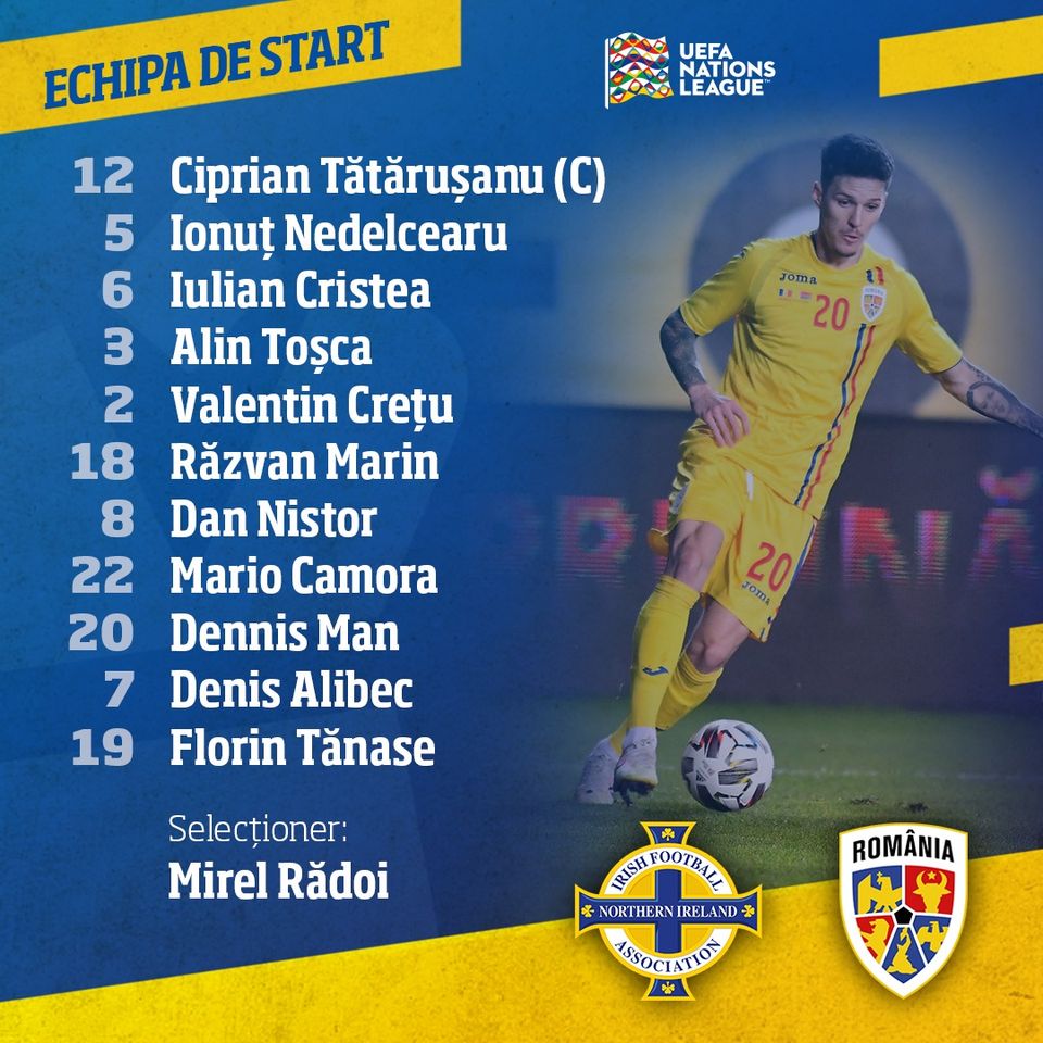 Echipa de start a Romaniei pentru meciul cu Irlanda de Nord