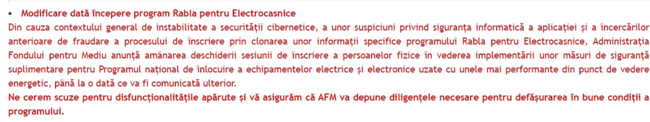 Mesajul oficialilor AFM despre situatia programului ”Rabla pentru electrocasnice”