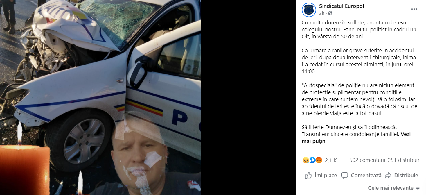Mesajul celor de la Sindicatul Europol pentru colegul lor Fanel Nitu, politistul care a murit dupa accidentul de pe DN4
