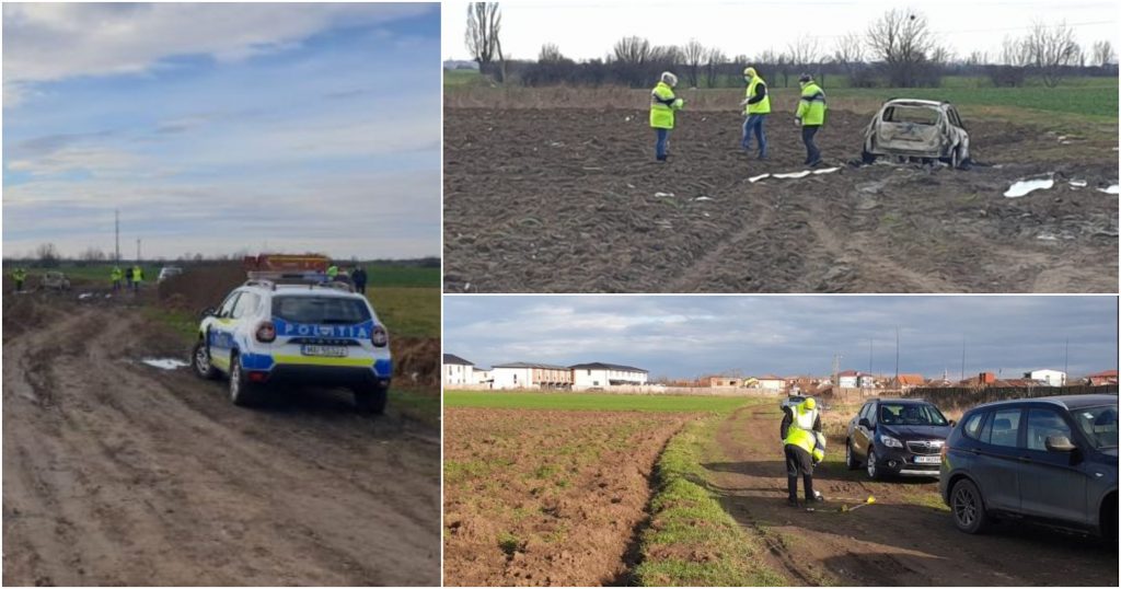 Descoperire groaznică la Timișoara. Ce a găsit un bărbat într-o mașină arsă și abandonată pe câmp