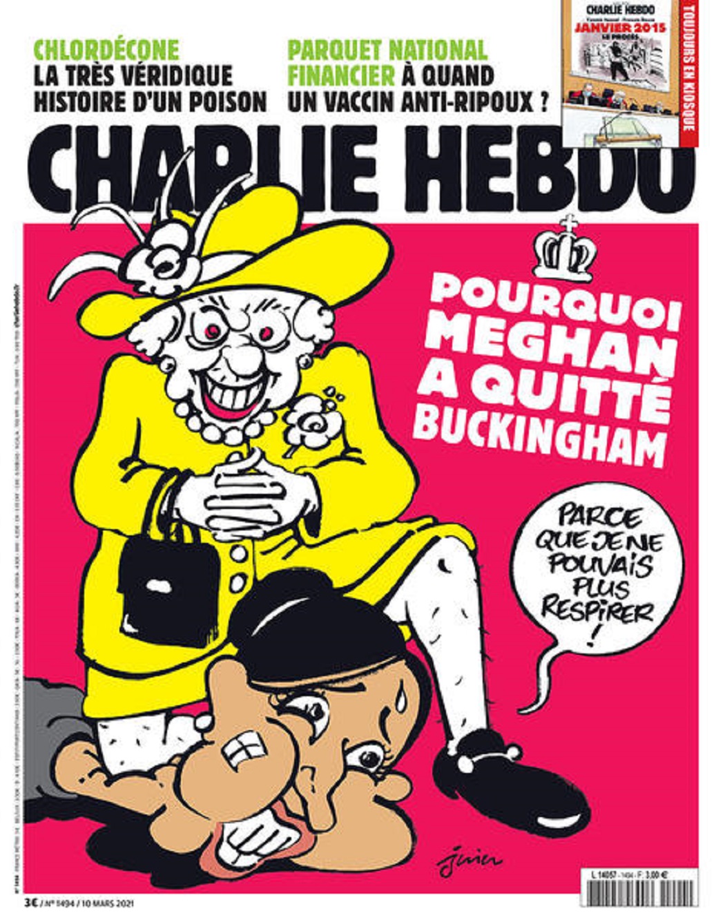 Caricatura Charlie Hebdo cu Meghan si regina Elisabeta