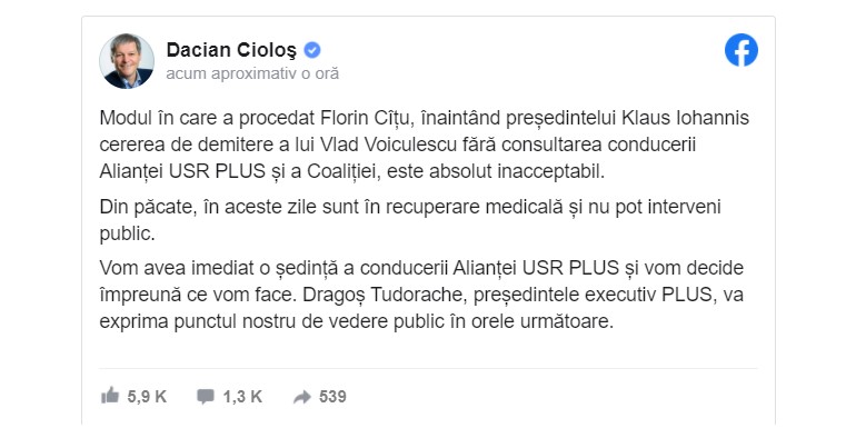 Dacian Cioloş îl atacă pe Florin Cîţu după revocarea lui Voiculescu
