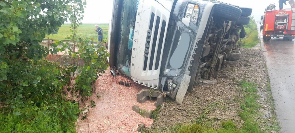 Accident straniu în Ialomița, după ce un camion încărcat cu intestine de găină s-a răsturnat