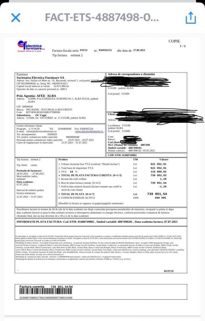 Factura colosala la electricitate, de peste 739.000 de lei