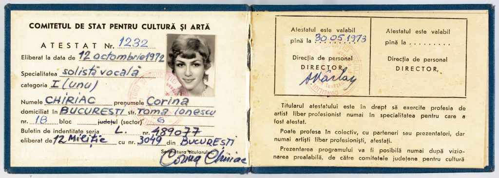 Atestatul de artist liber profesionist al Corinei Chiriac, din 1972