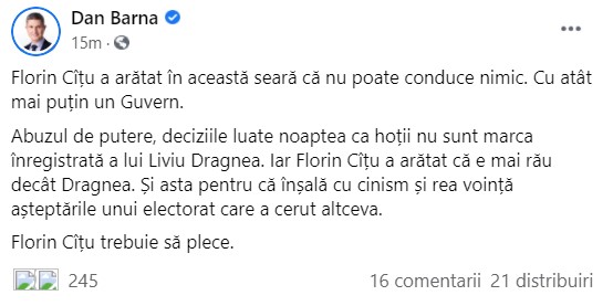 Mesajul tranșant al lui Dan Barna la adresa premierului, după demiterea ministrului Justiției