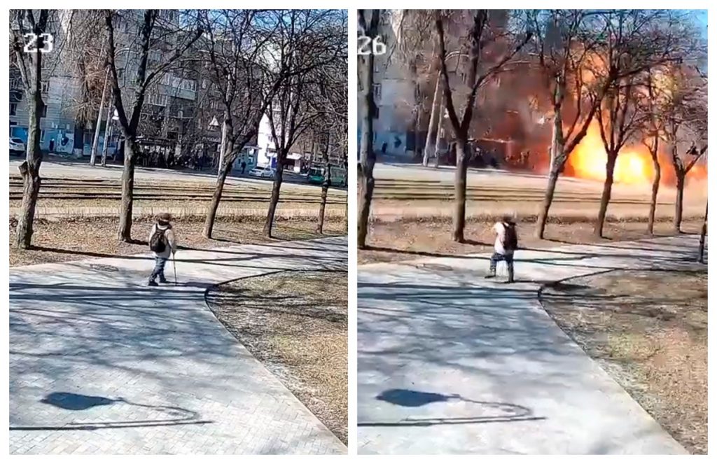 O stradă circulată din Kiev, lovită de un proiectil. Momentul a fost filmat. Atenție, imagini tulburătoare. Video