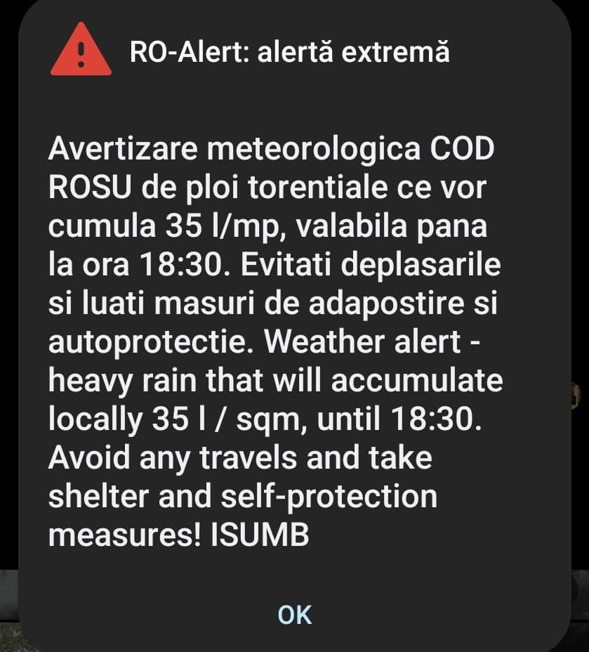 Cod roșu de ploi torențiale în București
