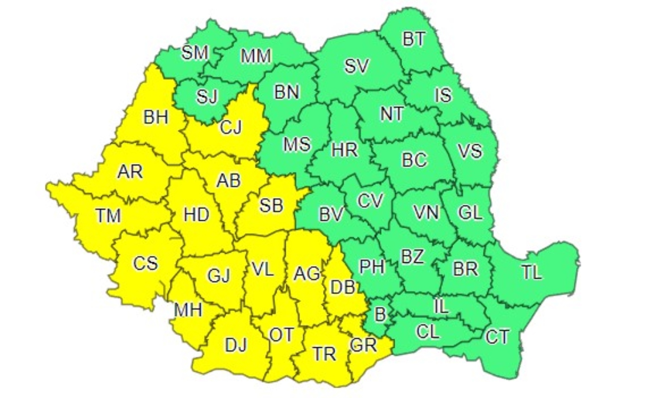 Cod galben de vijelii, grindină și ploi torențiale în România
