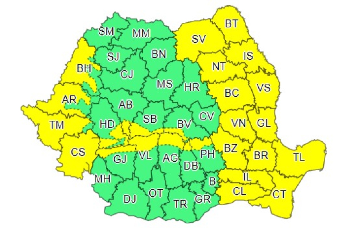 Cod galben de vijelii, grindină și ploi torențiale în România