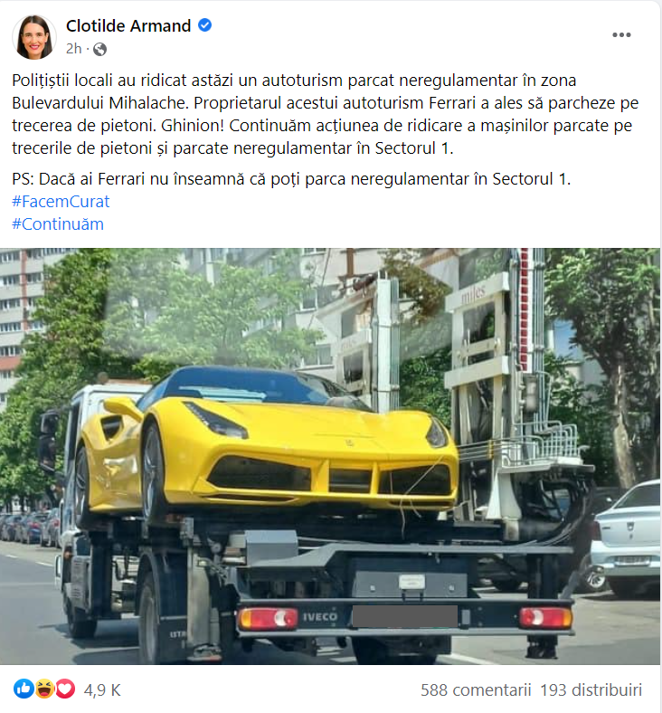 Aroganța, taxată în Sectorul 1. Proprietarul unui bolid de lux s-a trezit cu mașina ridicată. Ce i-a alertat pe polițiștii locali