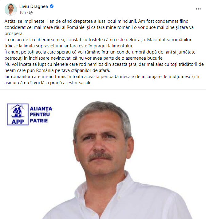Mesajul lui Liviu Dragnea la un an de la eliberarea din închisoare. Fostul lider PSD, cuvinte dure: „Hiene care rod nemilos”