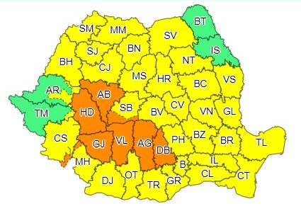 Cod Galben și Portocaliu de ploi în România, valabile în același interval de timp