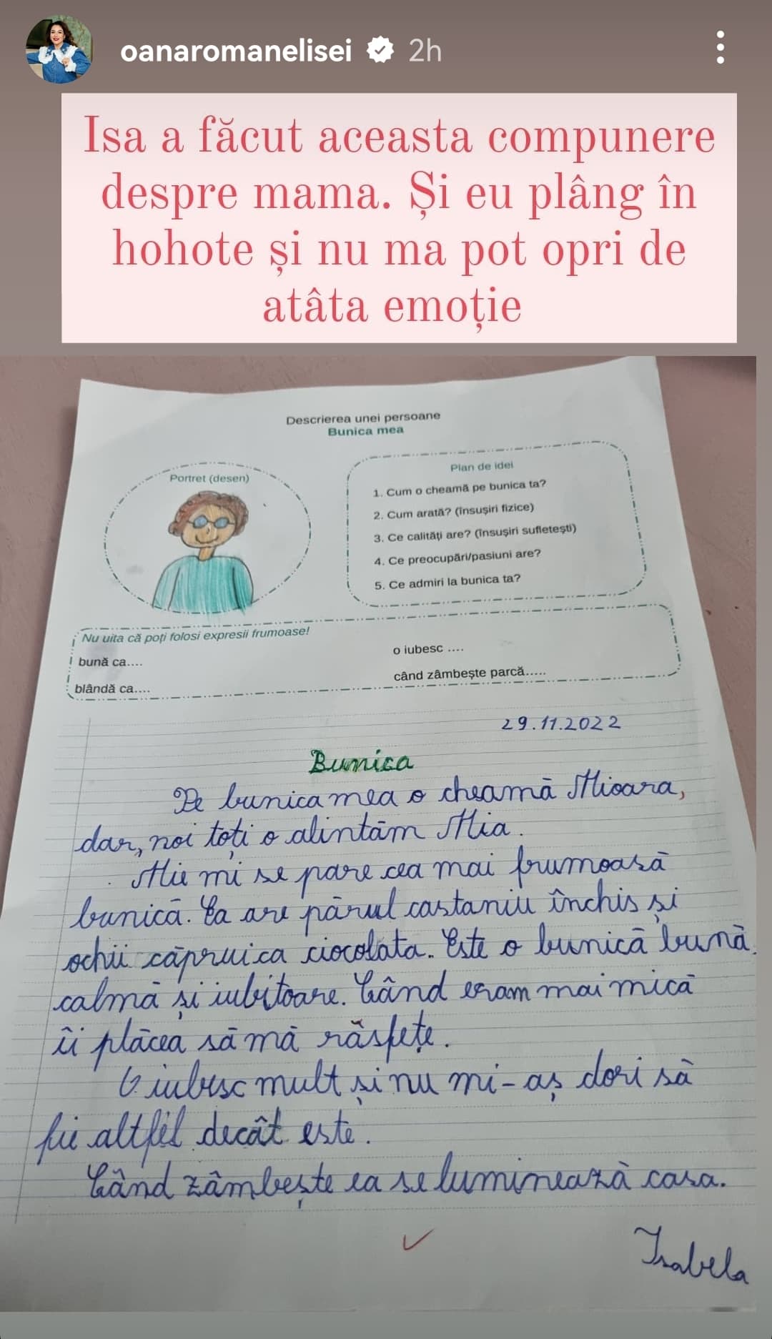 Mesaj emoționant al fiicei lui Oana Roman pentru bunica sa