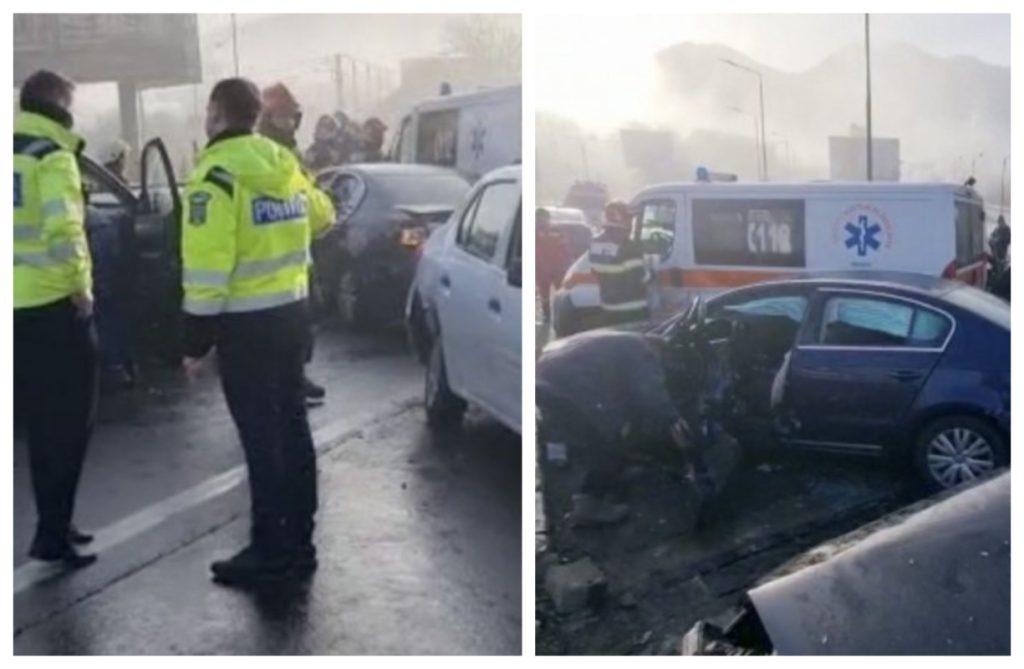 Accident în lanț cu 15 mașini și o ambulanță, la ieșirea din Brașov. „Gheața neagră”, un fenomen periculos pentru șoferi, ar fi produs carambolul