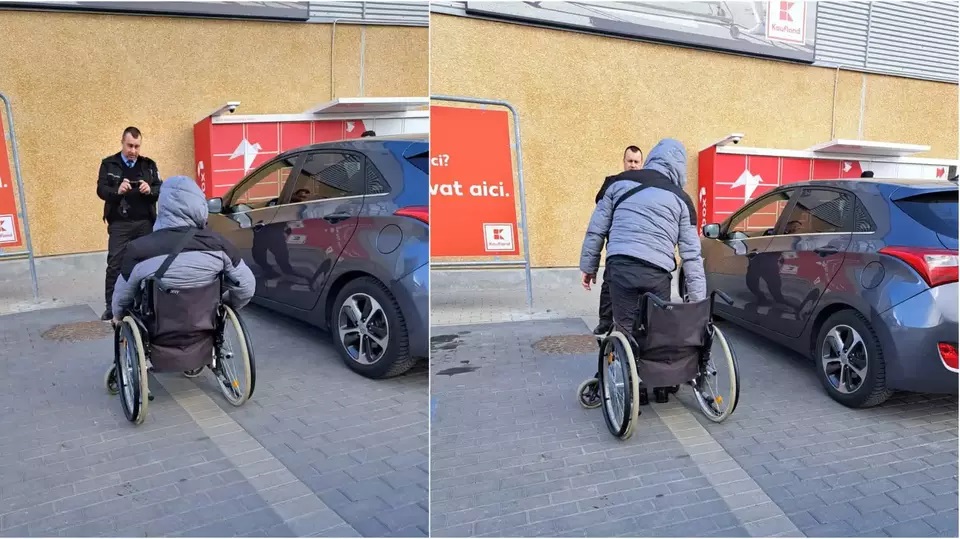 Gestul făcut de un cerșetor în fața polițiștilor din parcarea unui supermarket. Au fost martorii unei „minuni”