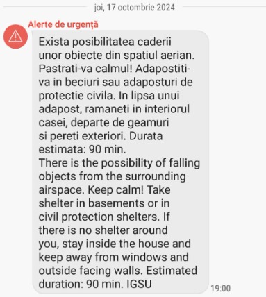 Mesaj Ro Alert în Constanţa: Există posibilitatea căderii unor obiecte din spaţiul aerian